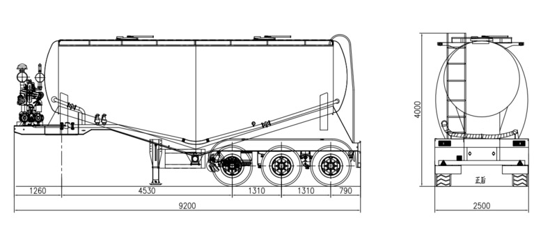 Drawing of 40 tons Pneumatic dry bulk trailer